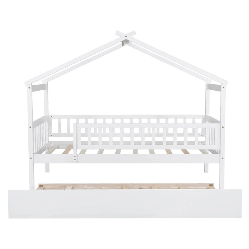 Twin Size Pine Wood House Bed with Twin Size Trundle, Full-Length Guardrail