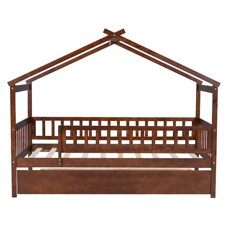 Twin Size Pine Wood House Bed with Twin Size Trundle, Full-Length Guardrail