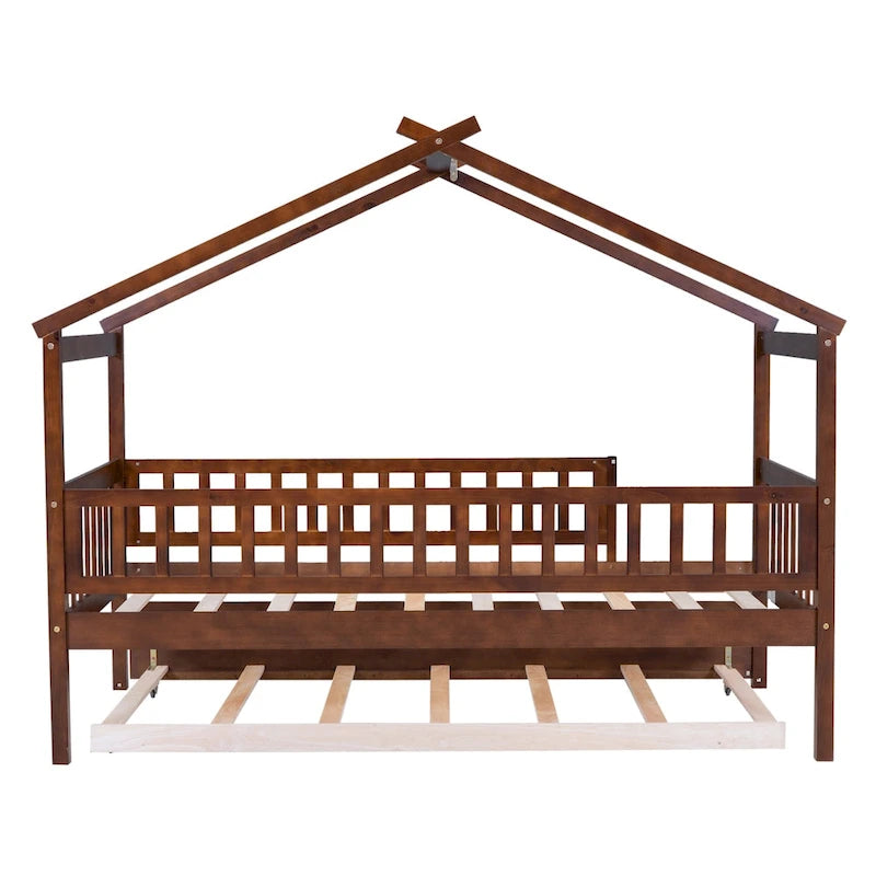 Twin Size Pine Wood House Bed with Twin Size Trundle, Full-Length Guardrail