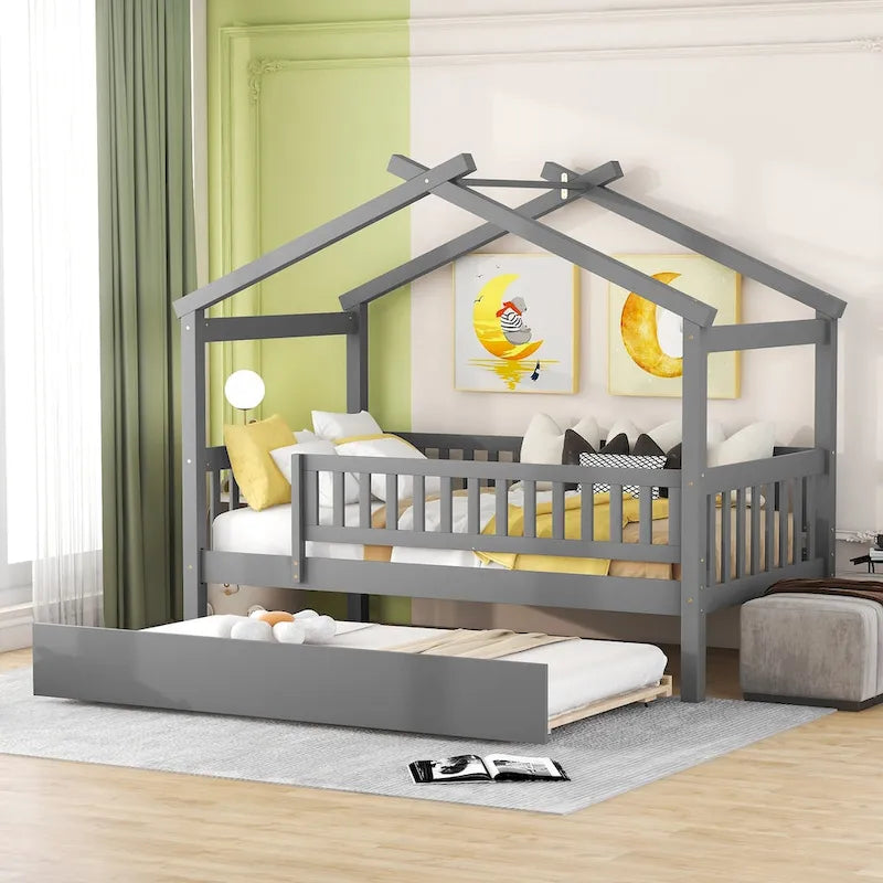 Twin Size Pine Wood House Bed with Twin Size Trundle, Full-Length Guardrail