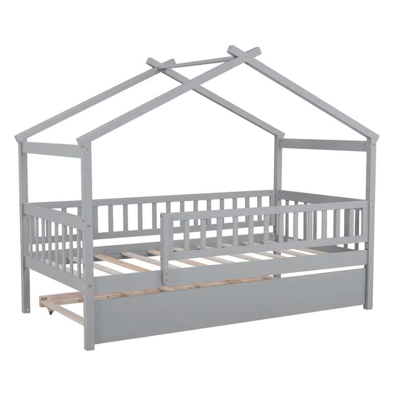 Twin Size Pine Wood House Bed with Twin Size Trundle, Full-Length Guardrail