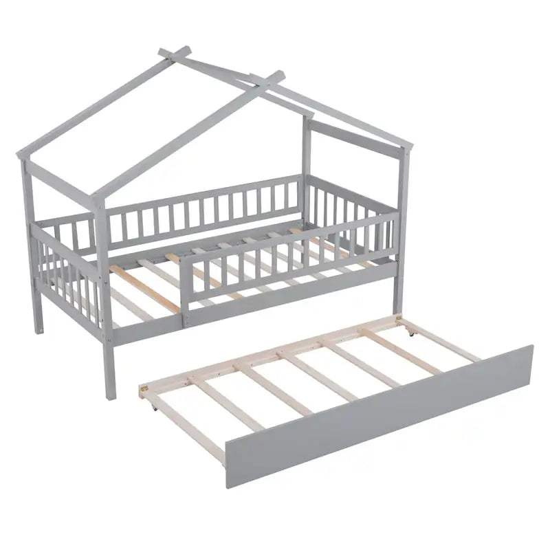 Twin Size Pine Wood House Bed with Twin Size Trundle, Full-Length Guardrail