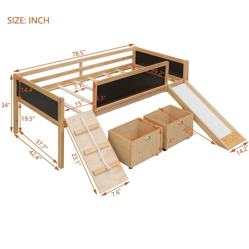 Hochbett aus Holz in Einzelbettgröße mit drei Tafeln, zwei Aufbewahrungsboxen und einer Rutsche, in drei Farben erhältlich