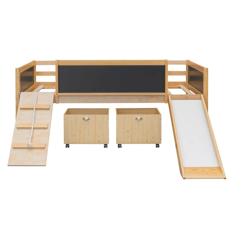 Hochbett aus Holz in Einzelbettgröße mit drei Tafeln, zwei Aufbewahrungsboxen und einer Rutsche, in drei Farben erhältlich