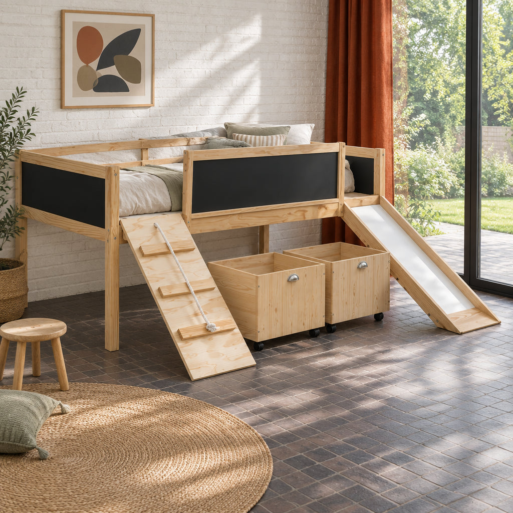 Hochbett aus Holz in Einzelbettgröße mit drei Tafeln, zwei Aufbewahrungsboxen und einer Rutsche, in drei Farben erhältlich