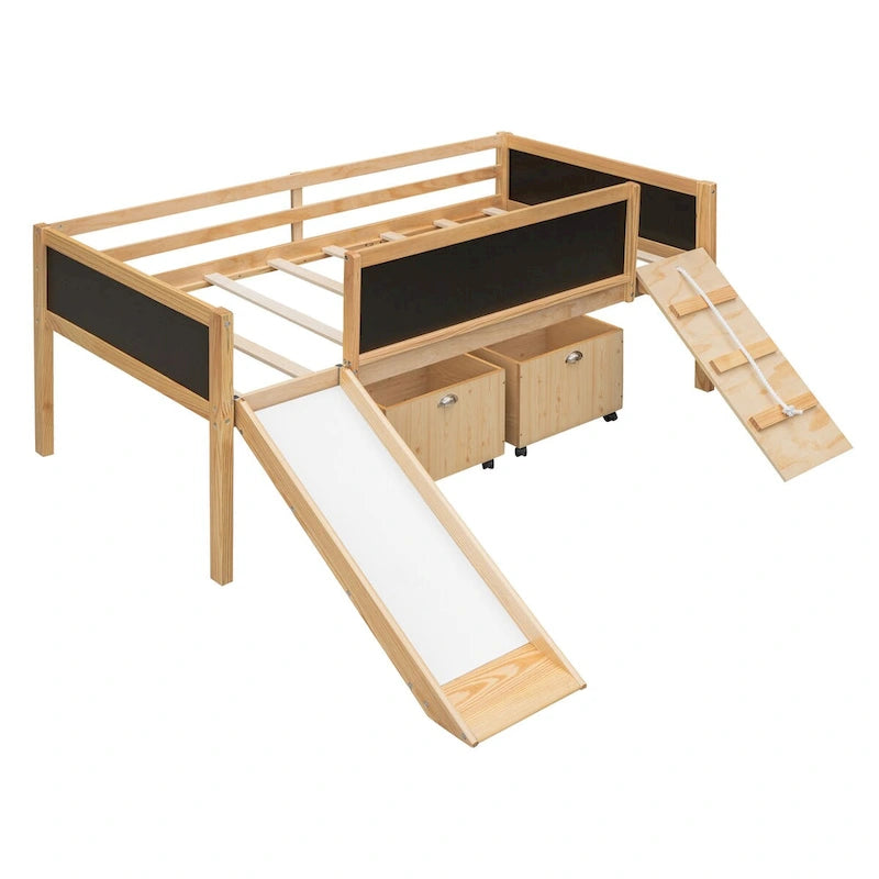 Hochbett aus Holz in Einzelbettgröße mit drei Tafeln, zwei Aufbewahrungsboxen und einer Rutsche, in drei Farben erhältlich