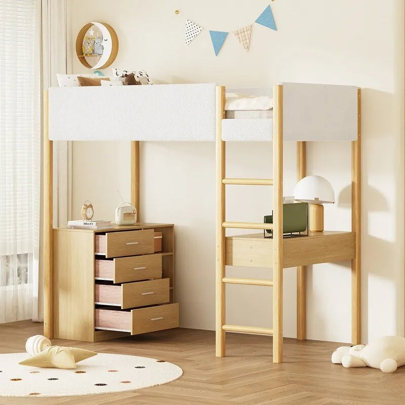 Hochbett aus Holz in Einzelbettgröße mit Teddyfleece