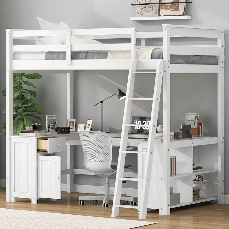 Hoogslaper in Full Size met U-vormig bureau, lades en opbergplanken