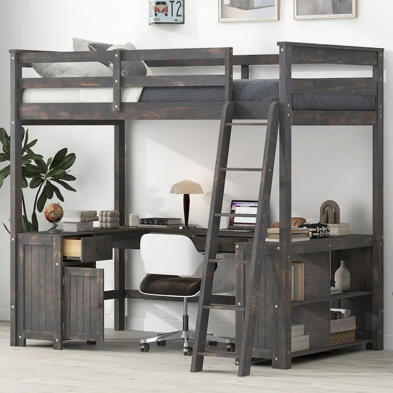 Hoogslaper in Full Size met U-vormig bureau, lades en opbergplanken