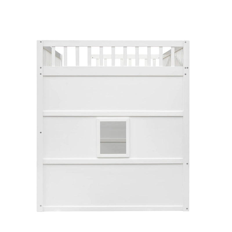 Letto a casetta a soppalco matrimoniale bianco+grigio con scala, porte e finestra