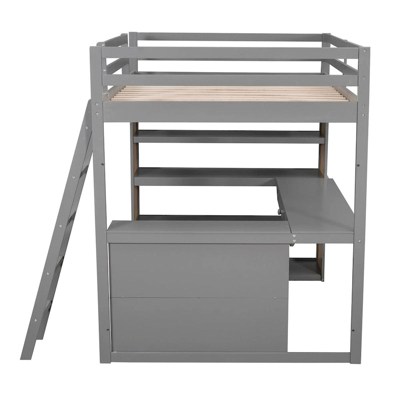 Gray Full Size Loft Bed with Ladder, Shelves, Desk, and Drawers