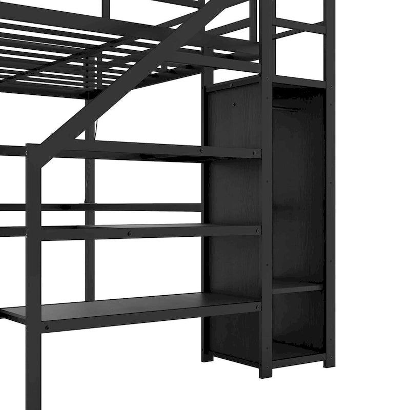 Metalen hoogslaper voor Full XL-matras met kledingkast, verstelbare plank, L-vormig bureau en USB