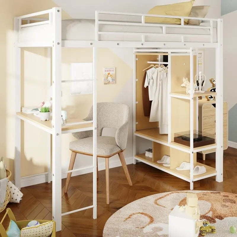 Letto a soppalco in metallo, misura singola, con armadio integrato, scrivania e ripiani