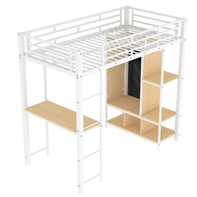 Twin Size Metal Loft Bed with Built-in Wardrobe, Desk and Shelves