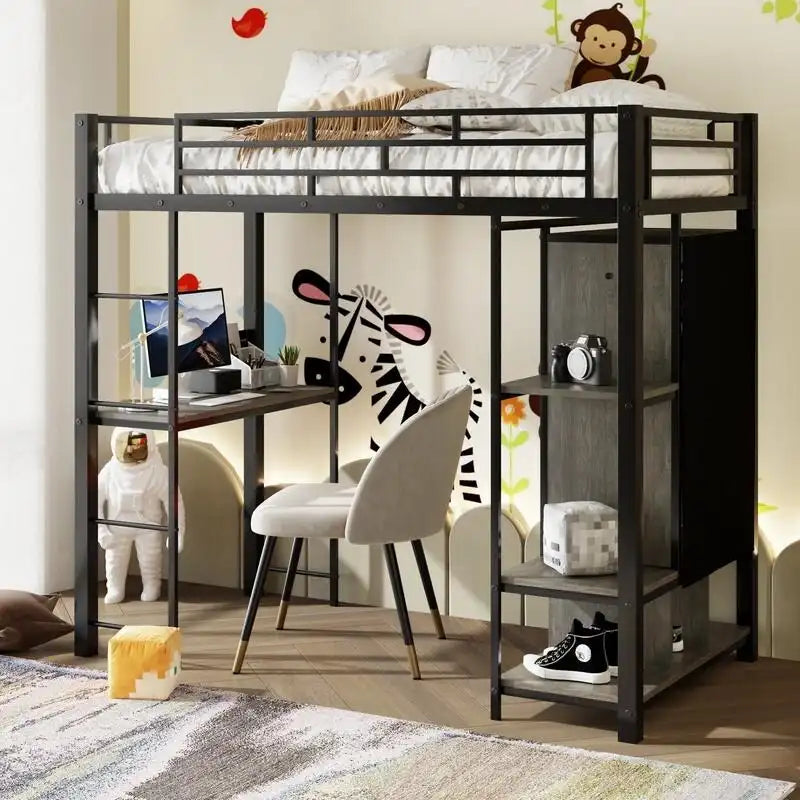 Twin Size Metal Loft Bed with Built-in Wardrobe, Desk and Shelves