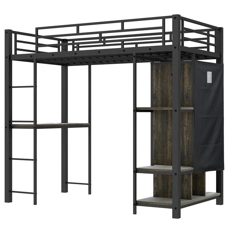Twin Size Metal Loft Bed with Built-in Wardrobe, Desk and Shelves
