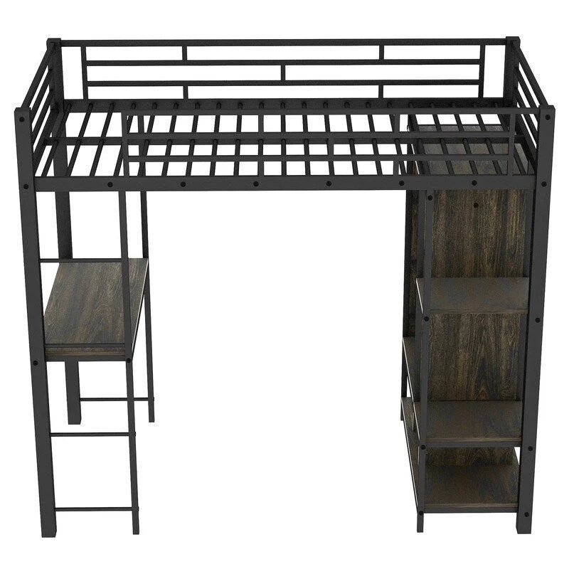 Twin Size Metal Loft Bed with Built-in Wardrobe, Desk and Shelves